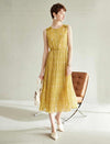 Mustard Yellow Floral Pleated Sleeveless Midi Dress