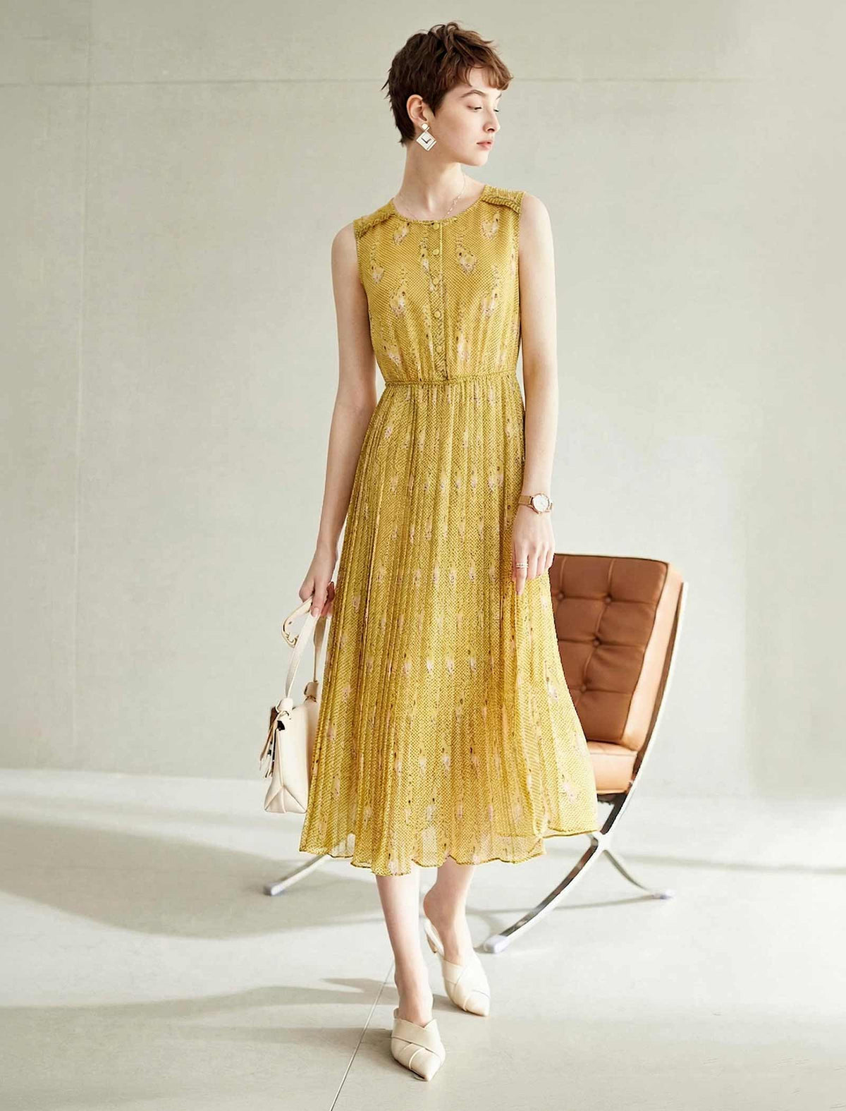 Mustard Yellow Floral Pleated Sleeveless Midi Dress