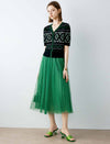 Green Pleated Mesh A-Line Midi Skirt