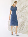 Dusty Blue Floral Lace Sheath Midi Dress
