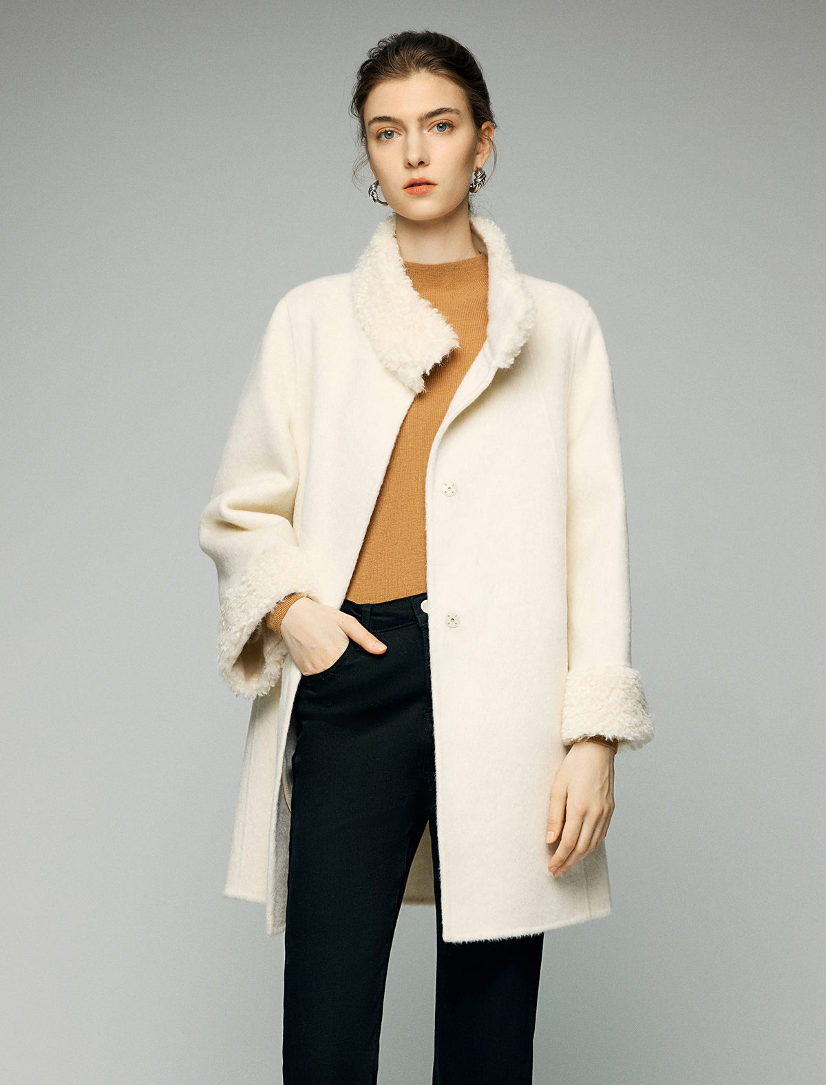 100% Wool Contrast-Trim Stand-Collar Button-Front Coat