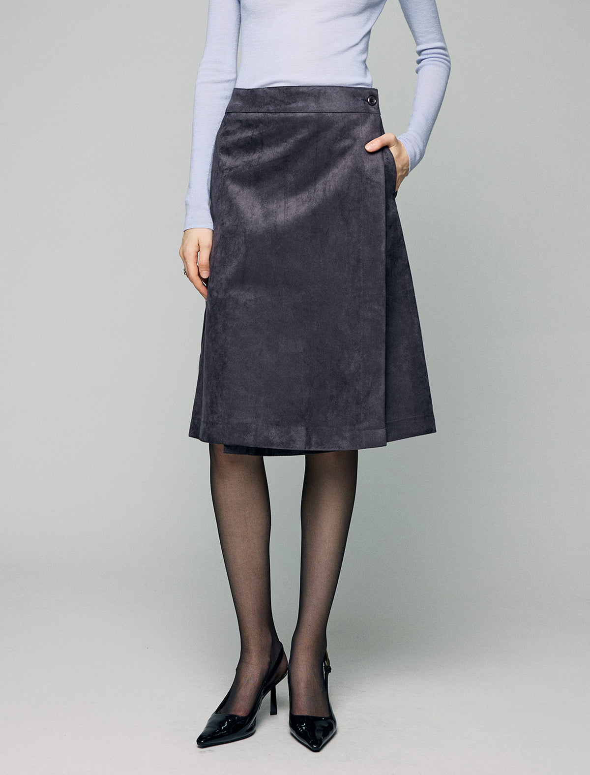 Wrap-Front Button High-Waist A-Line Midi Skirt