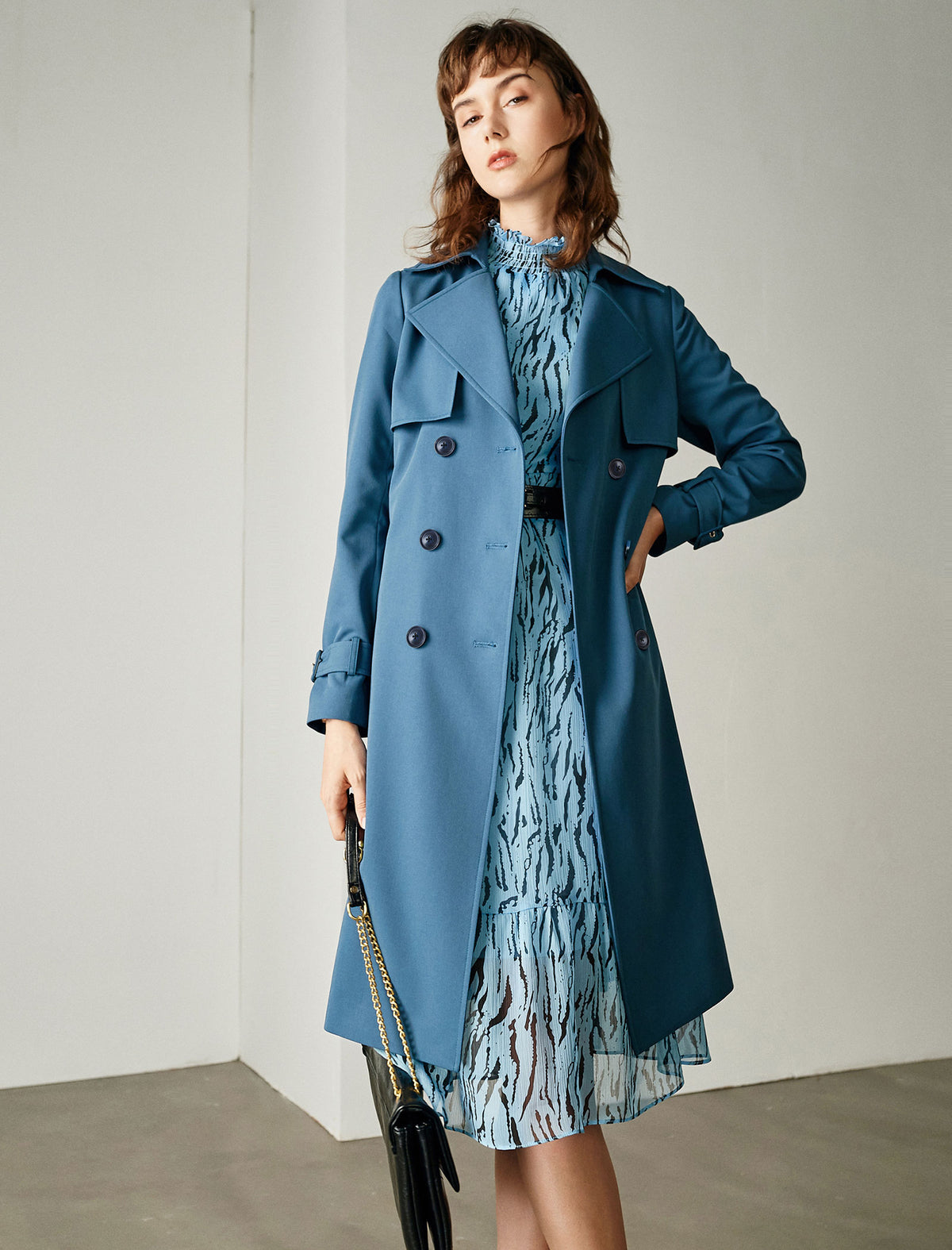 Blue Double-Breasted Trench Coat