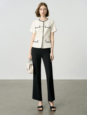 Elegant Black Trim Pearl Button Short Sleeve Jacket