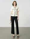 Elegant Black Trim Pearl Button Short Sleeve Jacket