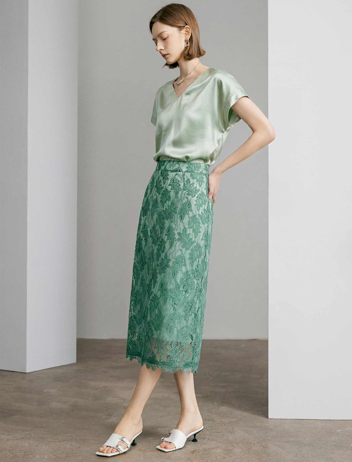Sage Green Floral Leaf Lace High Waist Pencil Midi Skirt