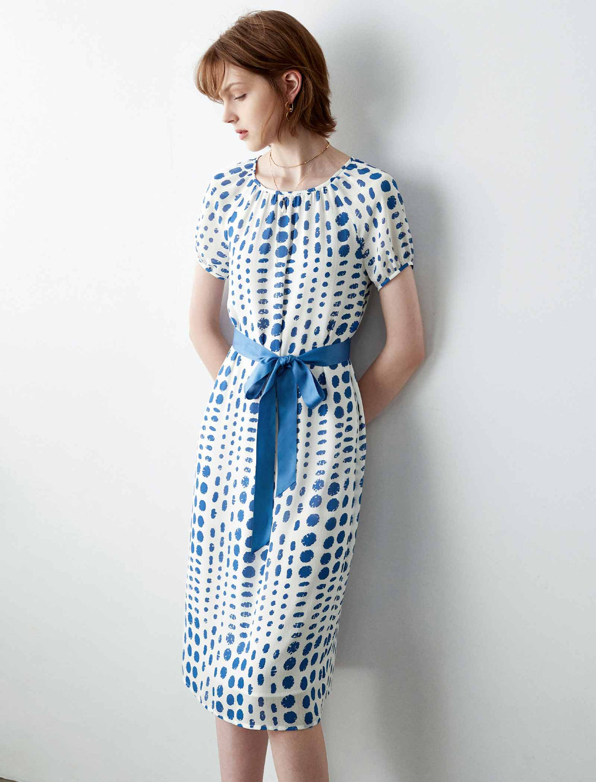 Blue Polka Dot Belted Midi Dress