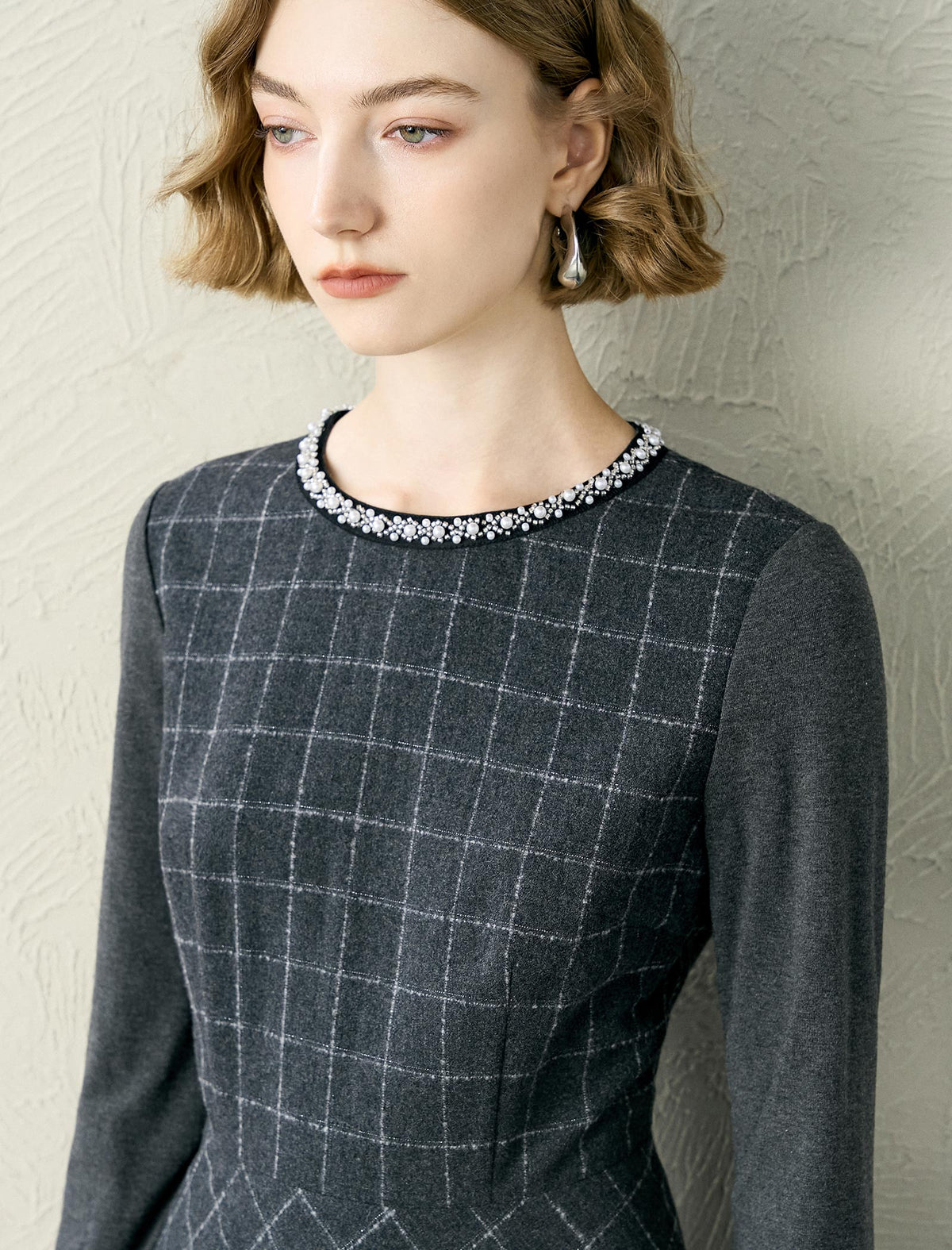 Plaid Wool-Blend Beaded Neckline Midi Dress