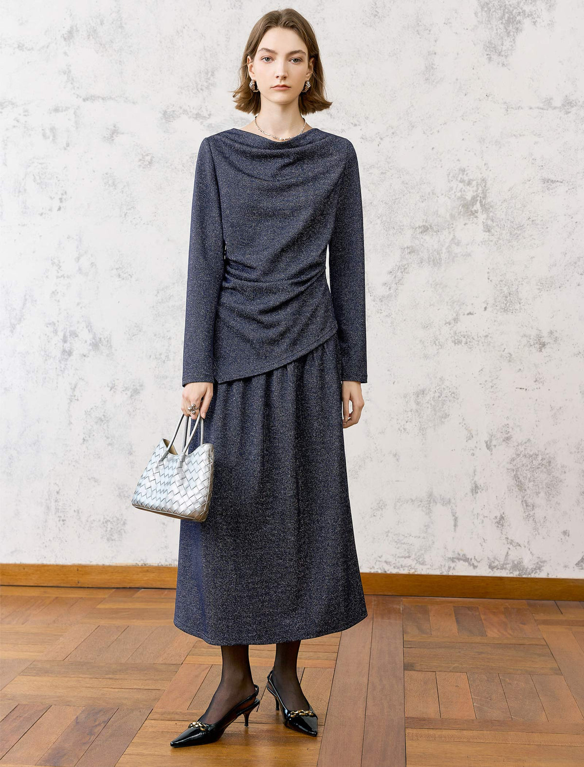 Vintage-Style Cowl Neck Top with Asymmetrical Hem