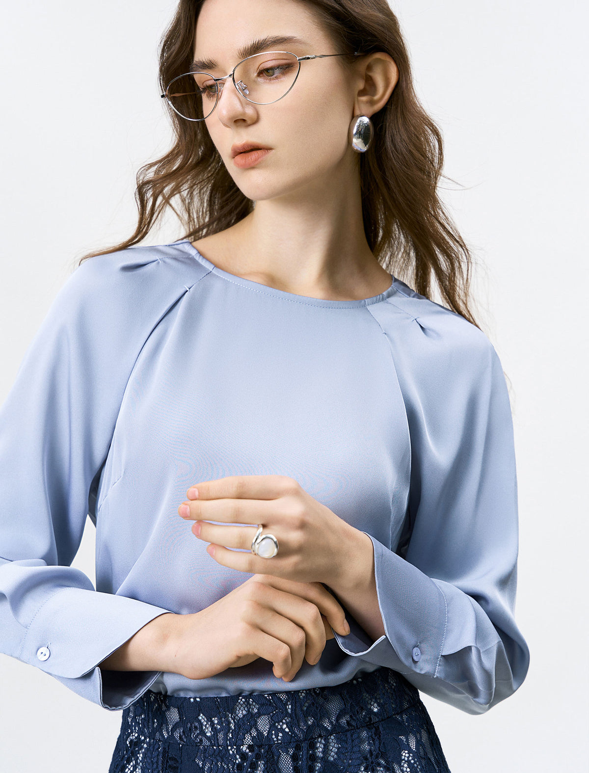 Sky Blue Satin Crew Neck Blouse