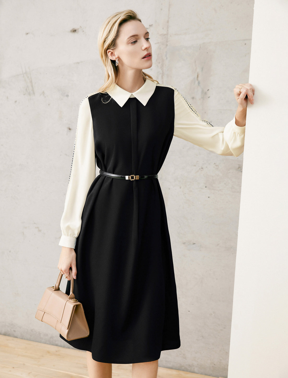 Colorblock Collared Long Sleeve Belted Dress