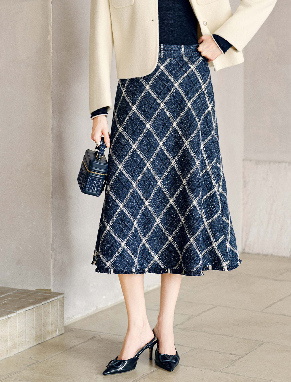 Geometric Plaid with Fringe Hem A Line Midi Skirt