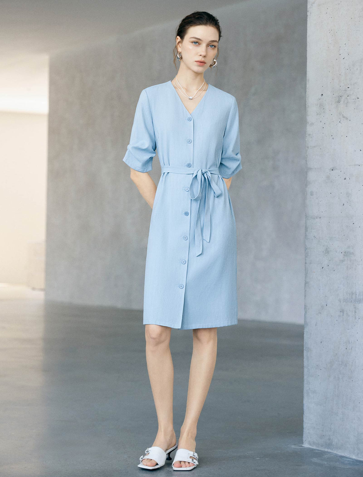 Light Blue V-Neck Tie Waist Midi Shirt Dress