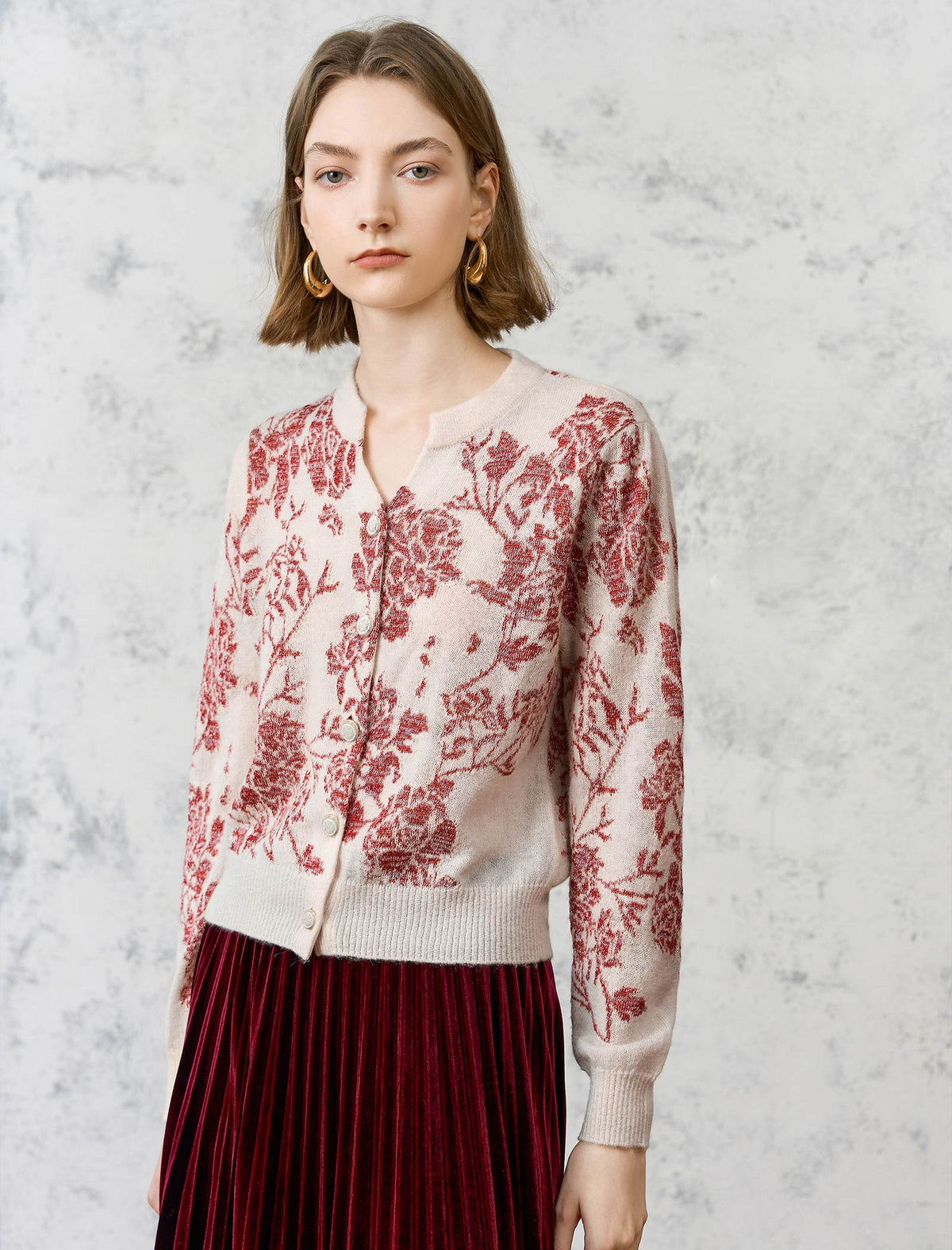 Wool Floral Jacquard Long Sleeve Knit Cardigan