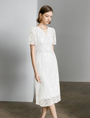 Lace Floral V-Neck Puff Sleeve Midi Dress