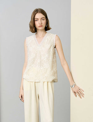 Cream Lace V-Neck Sleeveless Top