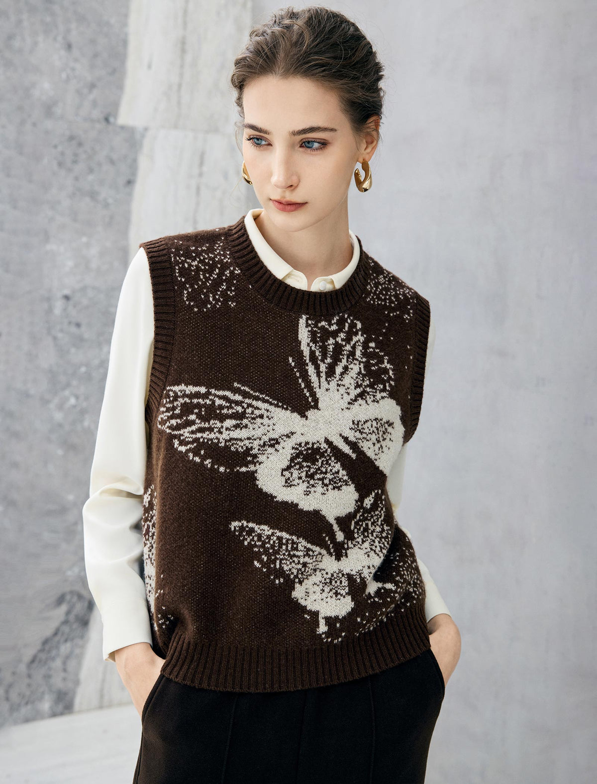 Wool Blend Jacquard Crewneck Sleeveless Knit Vest