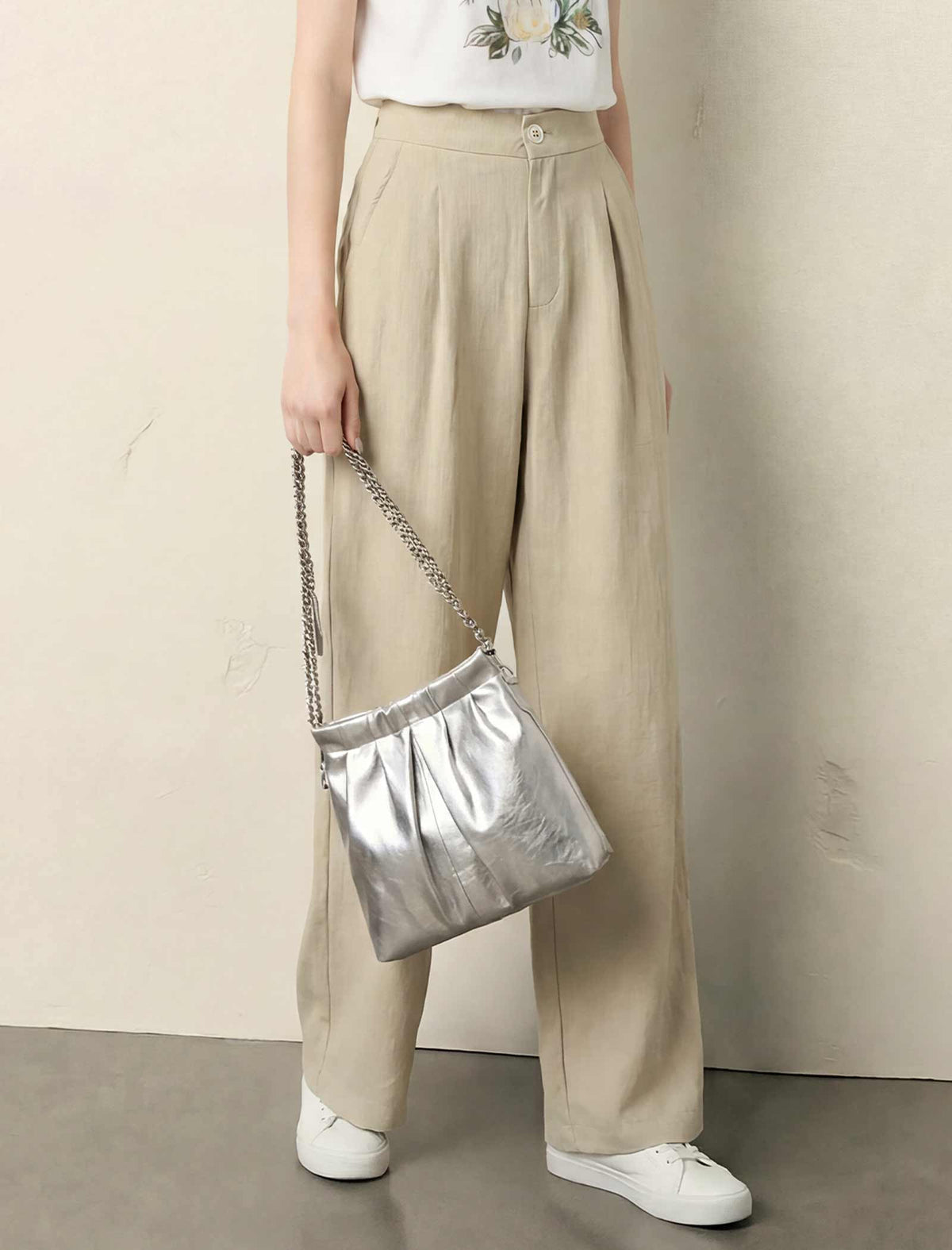 High Waist Pleated Linen Blend Wide Leg Straight Pants