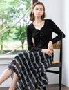 Black Scalloped-Neck Long-Sleeve Button-Front Knit Top