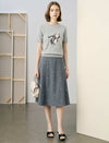 Grey Mini Bow Embroidery A-Line Midi Skirt