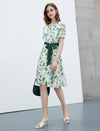 Green Leaf Print Shirt Dress with Satin Belt