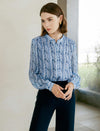 Blue Floral Stand Collar Chiffon Long-Sleeve Blouse