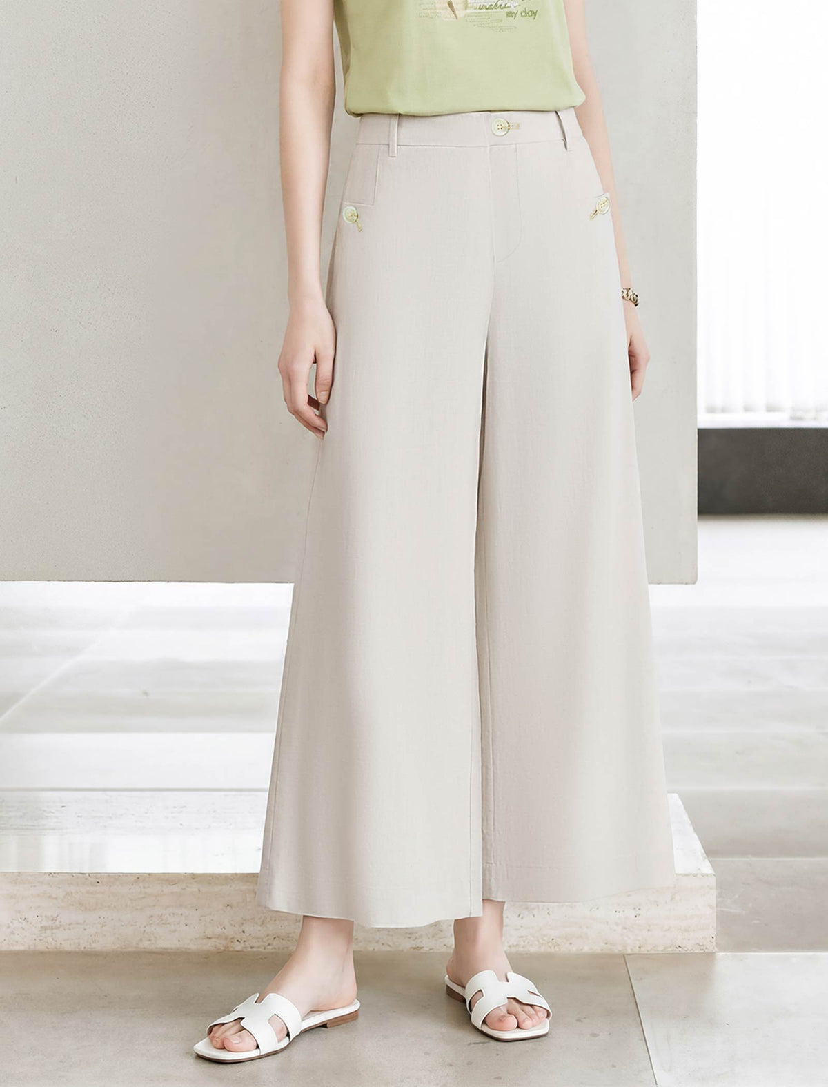 Beige High Waist Wide Leg Cropped Pants