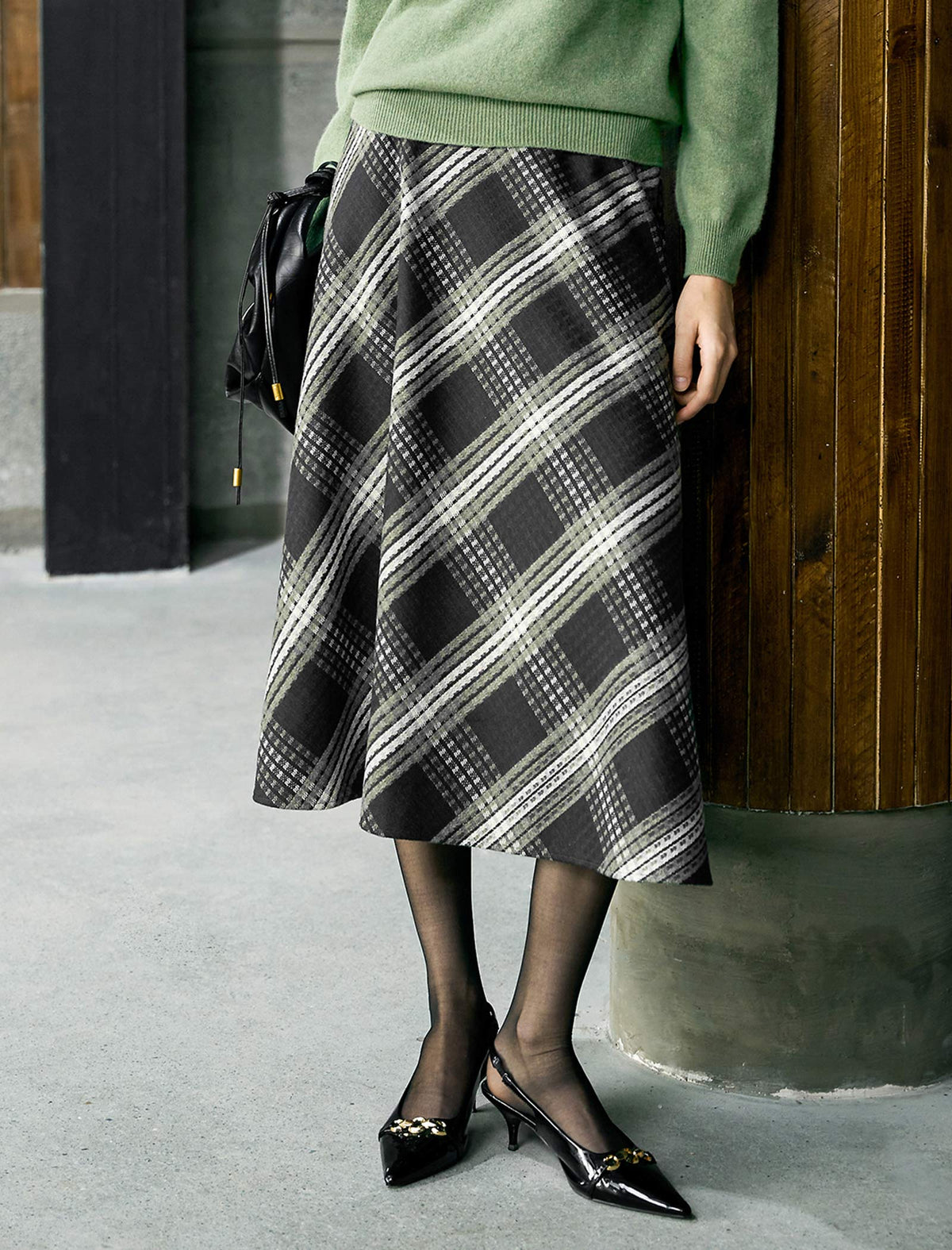 Plaid Bias-Cut A-Line Midi Skirt