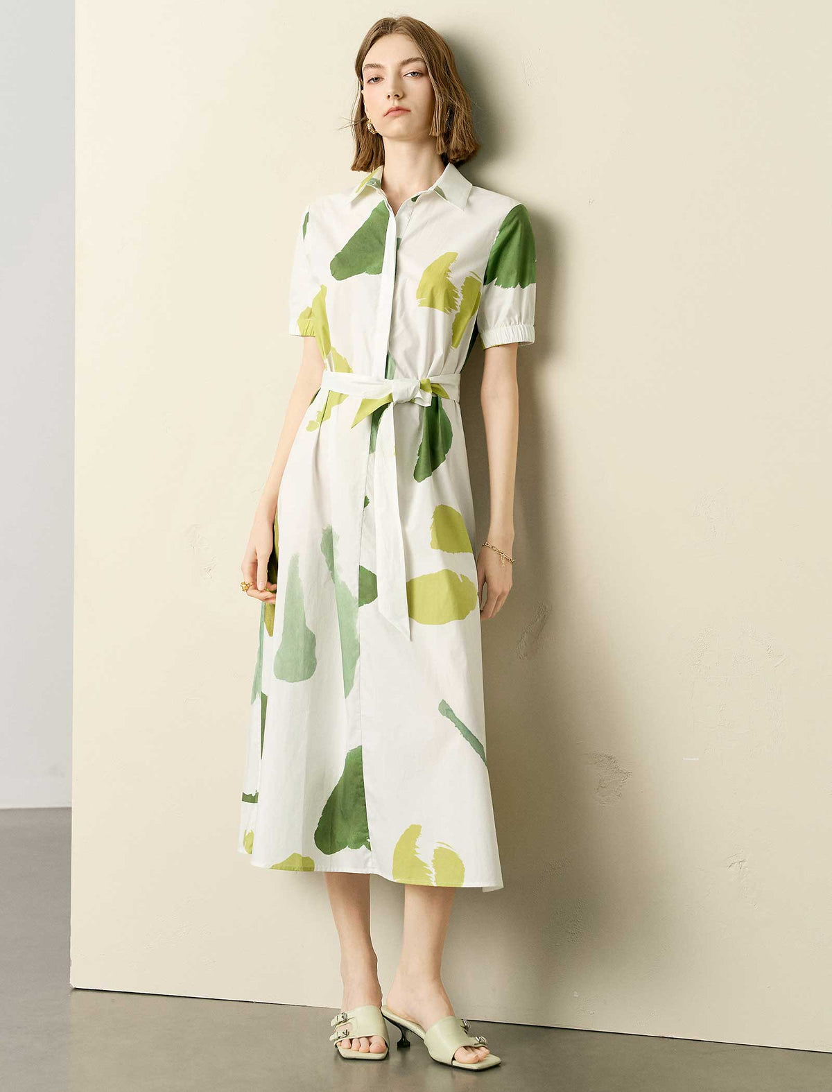 Green Watercolor Print Shirt Midi Dress