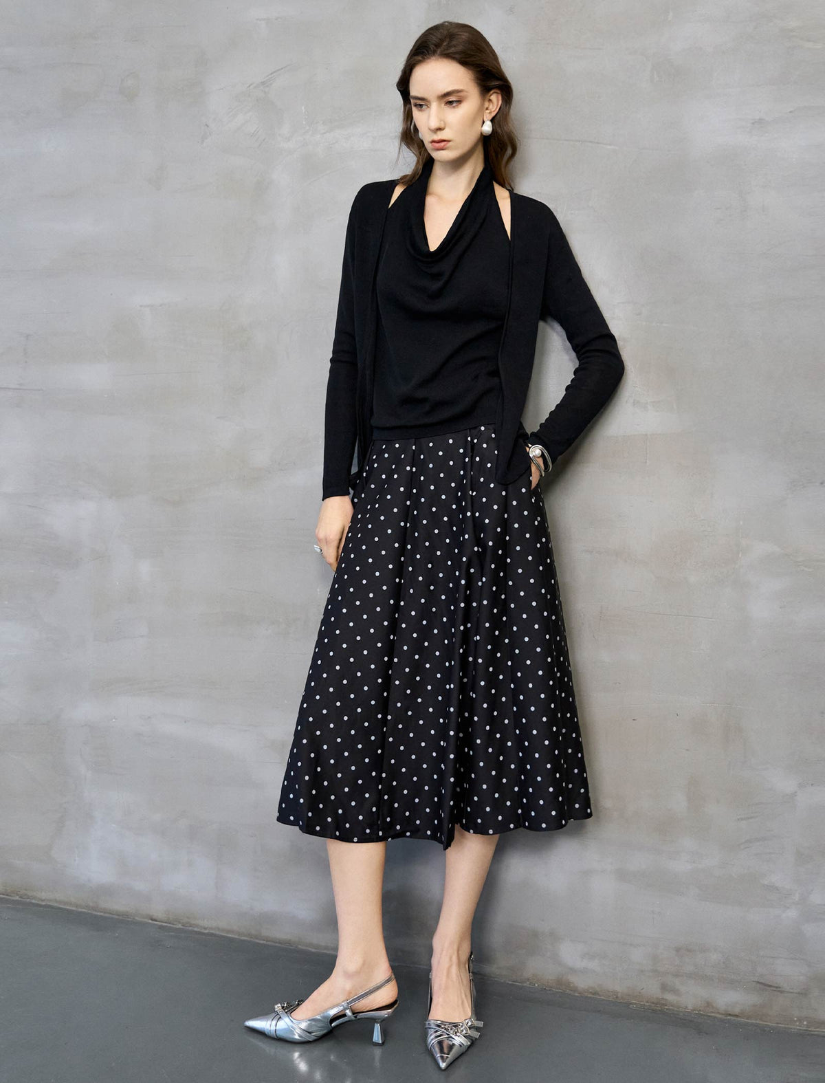 Black Draped Cowl Neck Cutout Knit Top