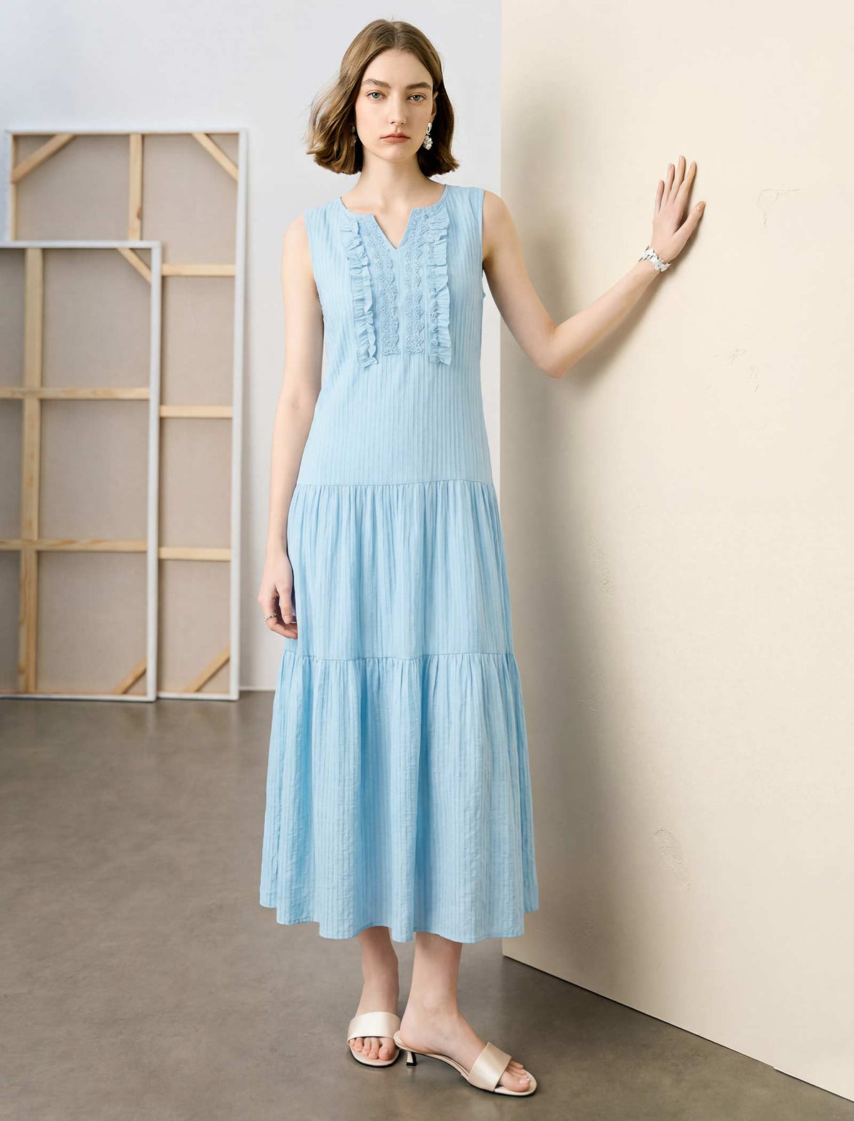Light Blue Ruffle Lace Tiered Maxi Dress
