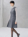 Silver Gray Shimmer Tweed Sleeveless Dress Round Neck Pleated Midi Dress