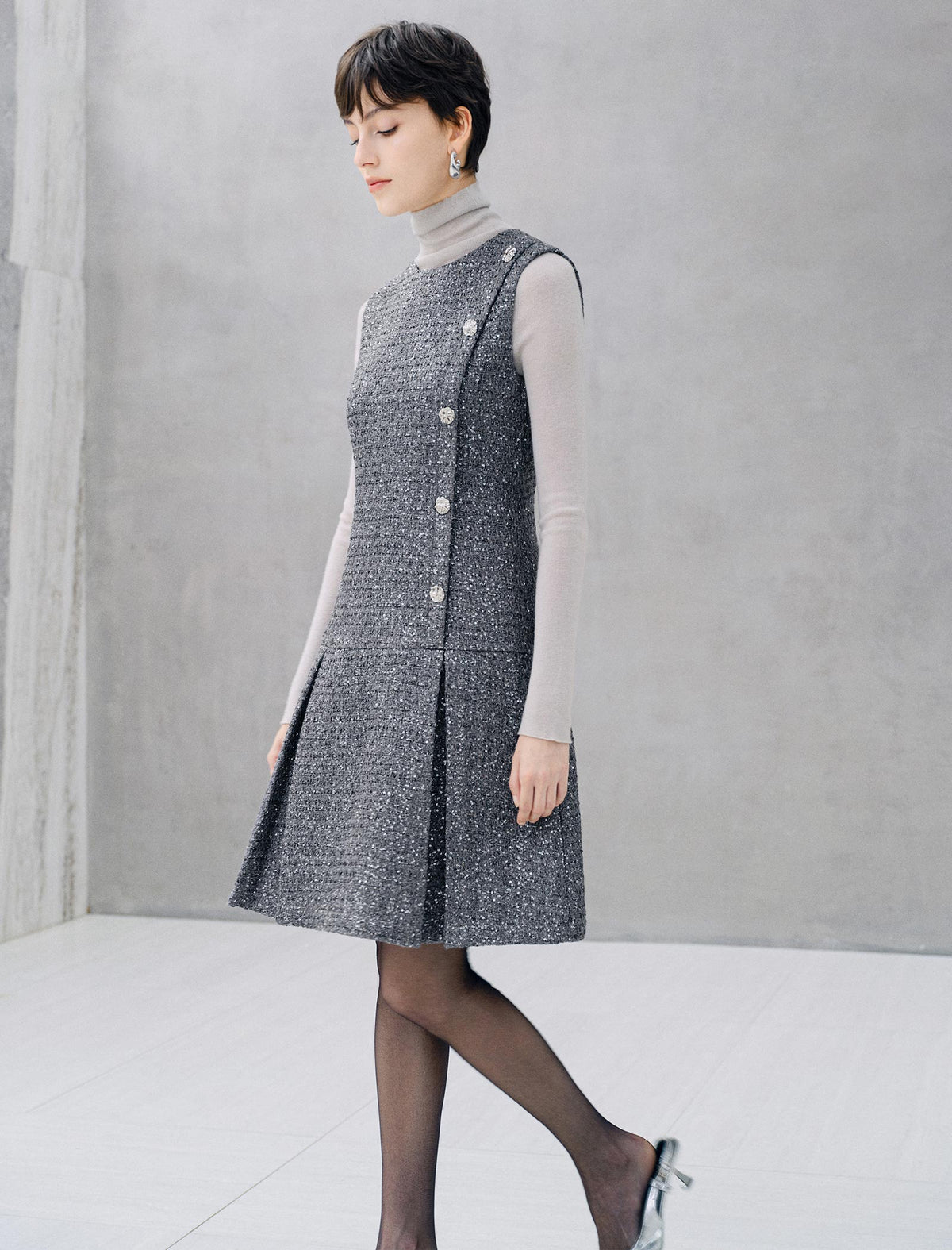 Silver Gray Shimmer Tweed Sleeveless Dress Round Neck Pleated Midi Dress