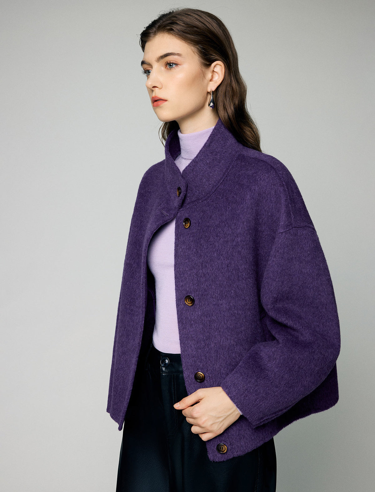 Wool Blend Stand-Collar Button-Front Balloon-Sleeve Cropped Jacket