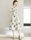 Green Floral Print Collared Short Sleeve Shirt Midi Dress