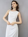 Shoulder Ruched Waist Midi Sheath Dress With Metal Buckle