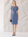 Dusty Blue Floral Lace Sheath Midi Dress