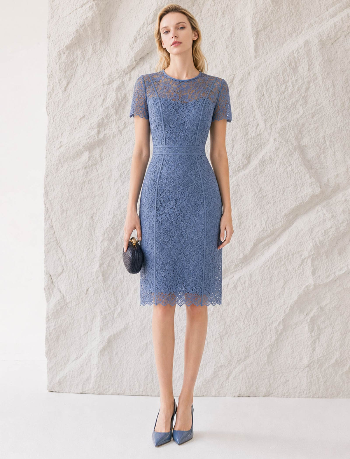 Dusty Blue Floral Lace Sheath Midi Dress