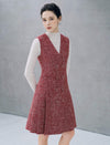 Pleated V-Neck Double-Breasted Sleeveless Dress