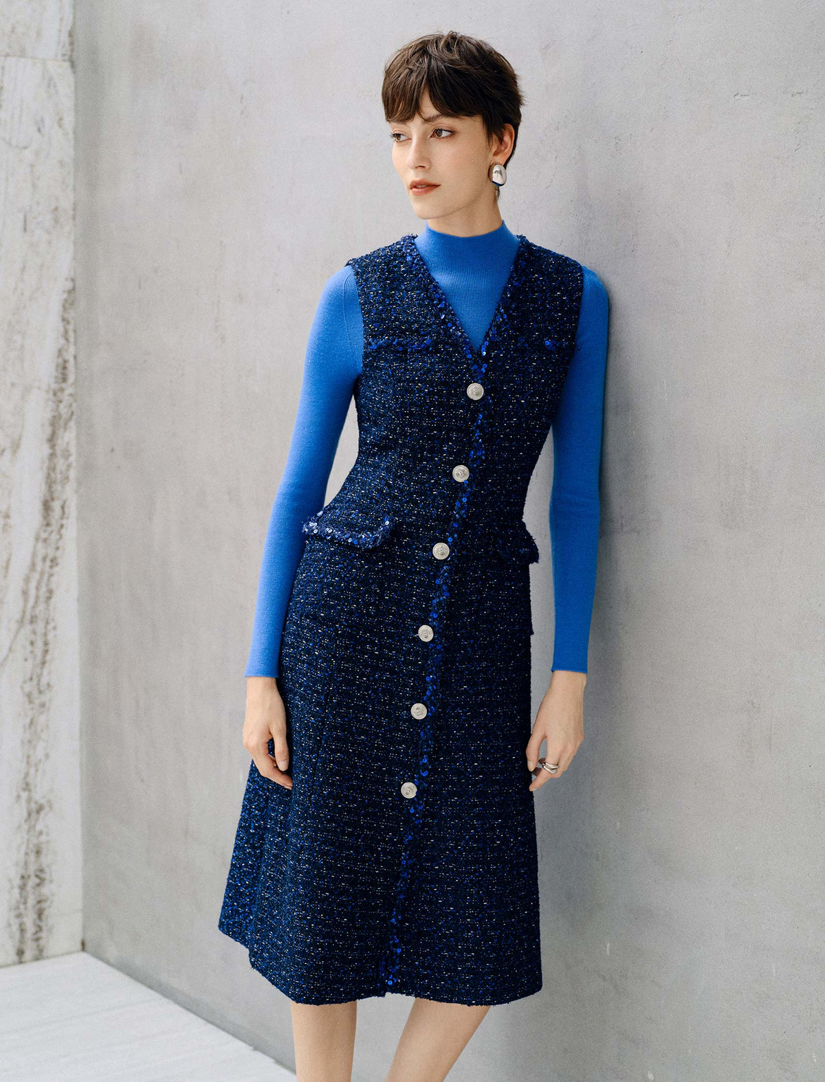 Wool Blend Button Front Sleeveless Midi Dress