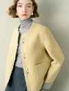 Collarless Wool Blend Tweed Fringe Jacket