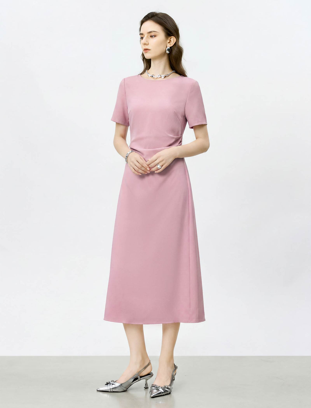 Dusty Pink Side Ruched Short Sleeve Midi Dress
