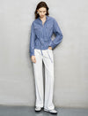 Navy And White Stripe Zip-Front Cinched Blouse