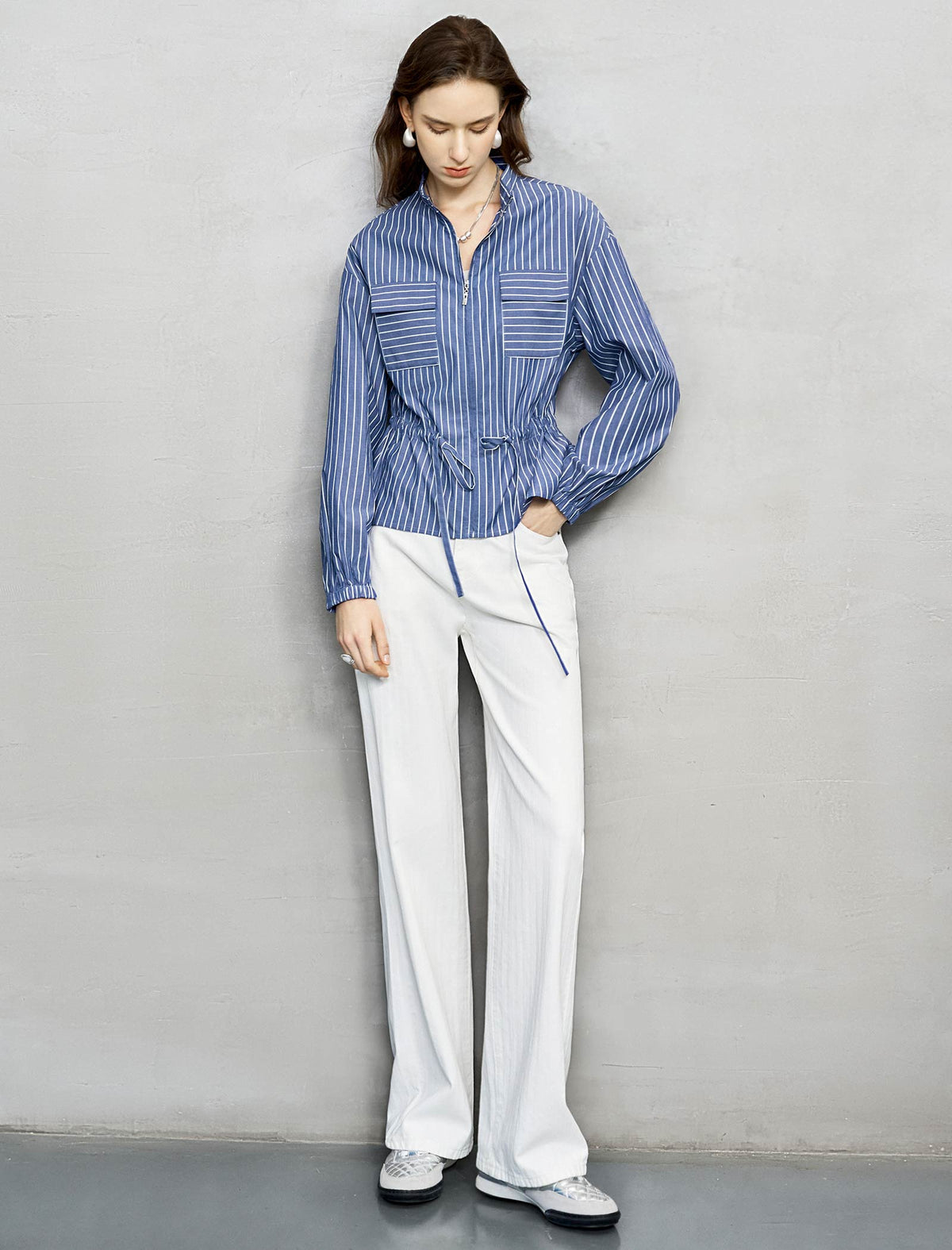 Navy And White Stripe Zip-Front Cinched Blouse