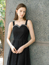 Embellished Trim Black Lace Midi Dress