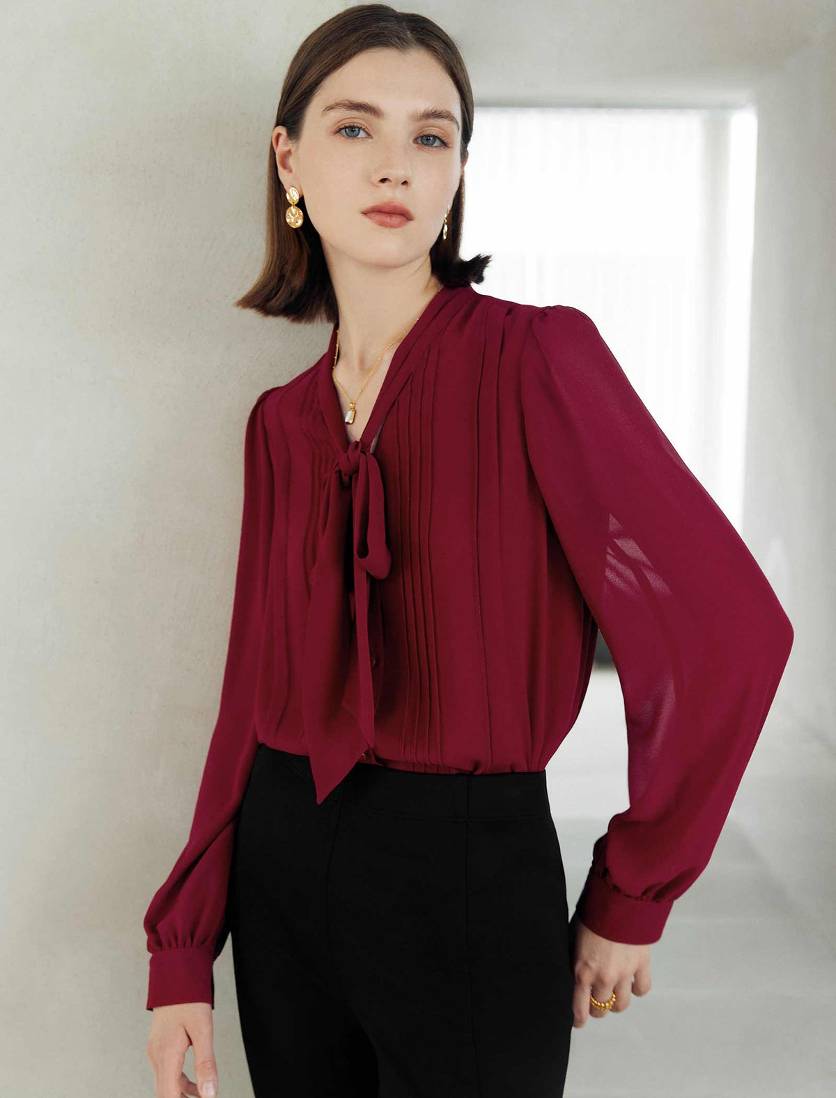 Burgundy Tie-Neck Blouse