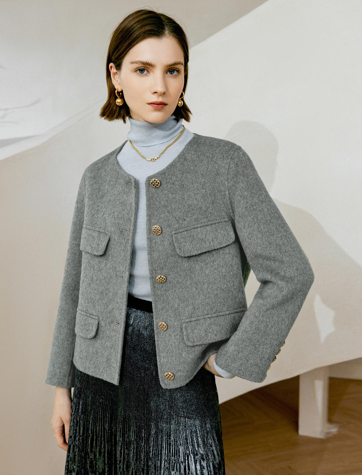 Wool Decorative Pockets Cropped Coats