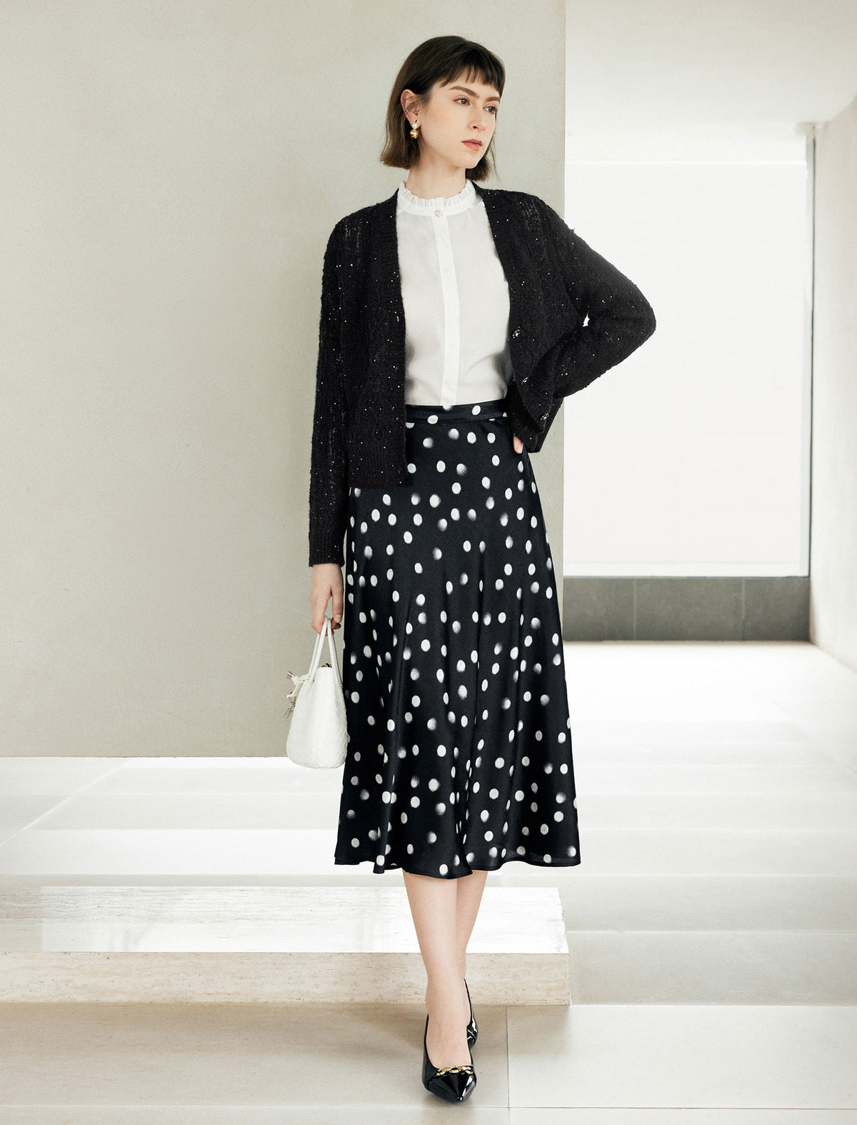 Black Watercolor Polka Dot High Waist Flared Midi Skirt