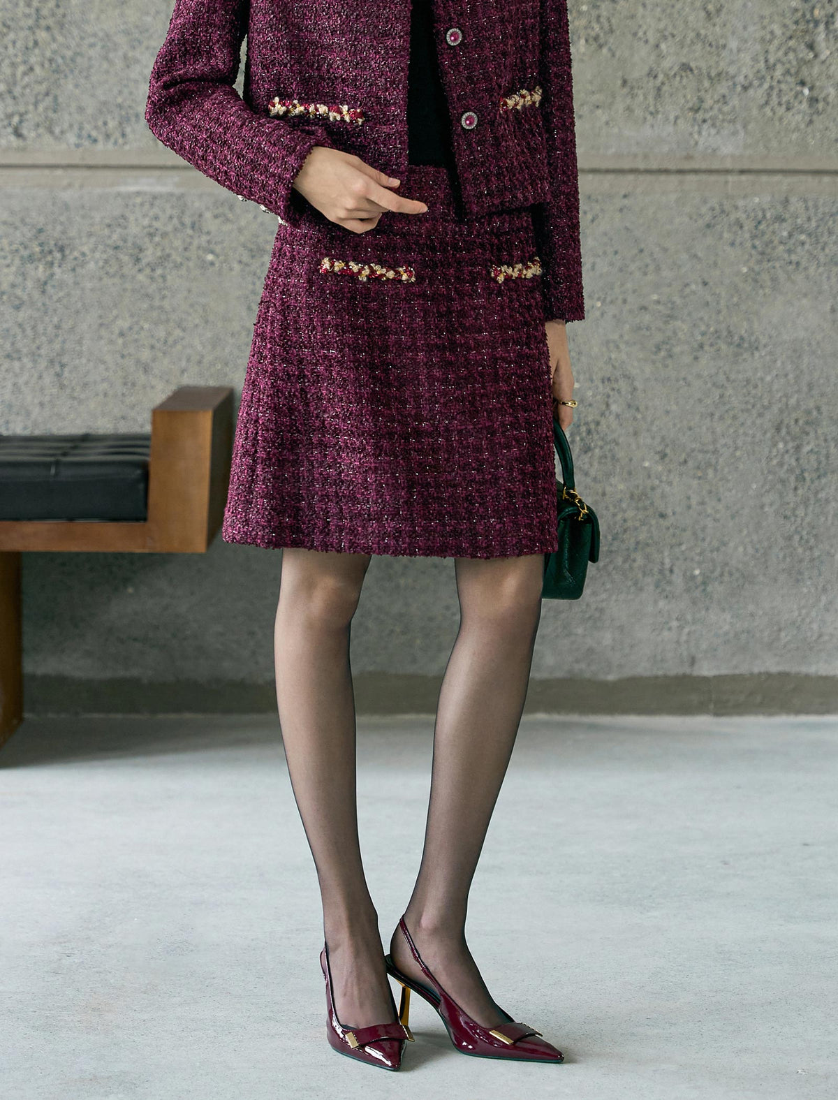 Burgundy Tweed Wool-Blend Mini Skirt