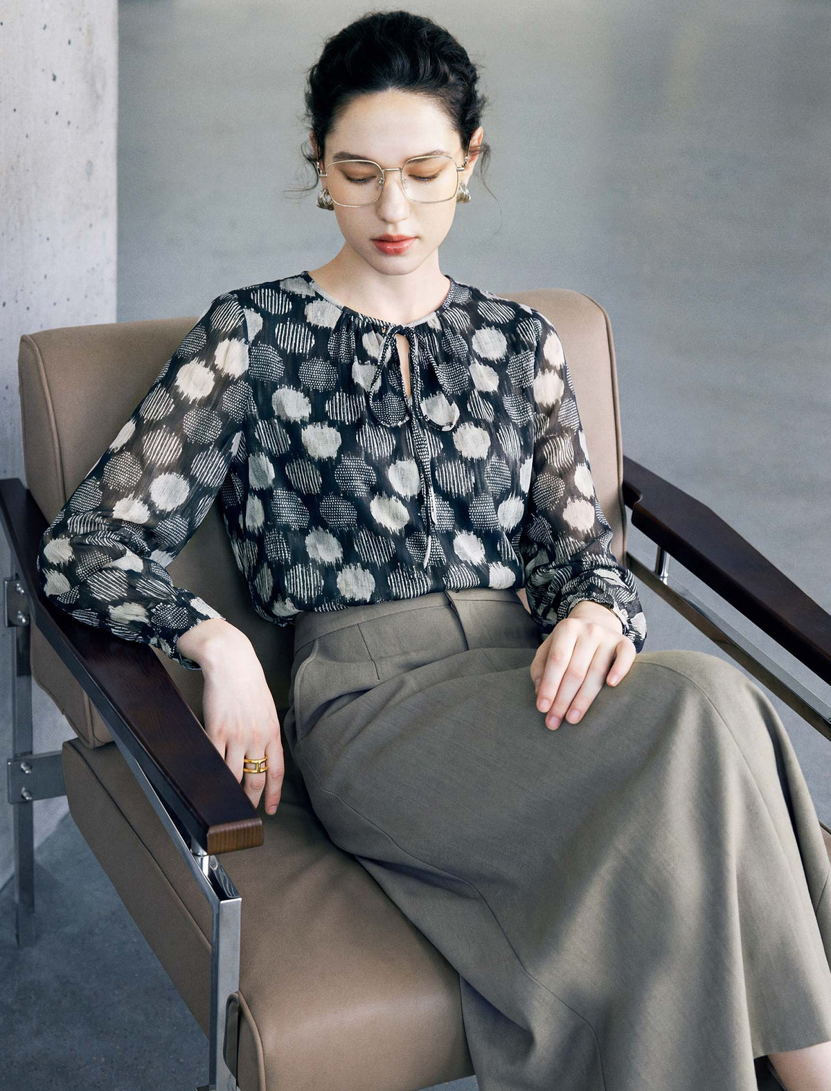 Vintage Geo-Dot Tie-Neck Long-Sleeve Knit Top